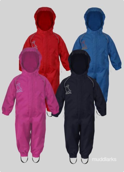 4 different coloured muddlarks® all-in-one one-piece waterproof suits