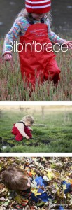 Girl wearing red muddlarks® bib-n-brace overalls walking in reeds, and boy wearing blue muddlarks® bib-n-brace overalls buried in autumn leaves
