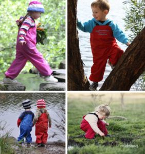 4 separate photos of children wearing muddlarks® bib-n-brace overalls. Girl in pink overalls on a swing, boy in red overalls climbing a tree, girl and boy together near lake in red and blue overalls, gril in red overalls playing in muddy puddle