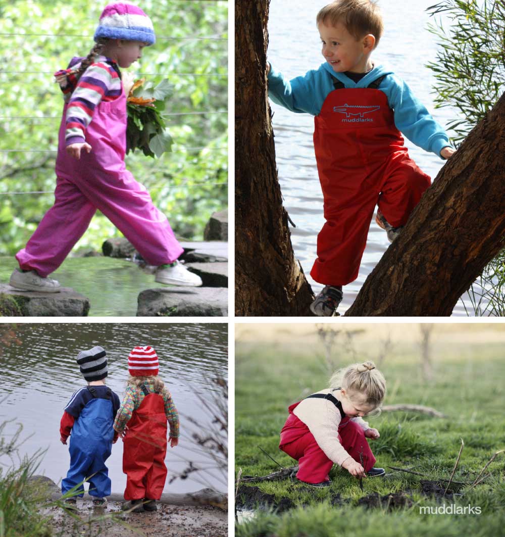 4 separate photos of children wearing muddlarks® bib-n-brace overalls. Girl in pink overalls on a swing, boy in red overalls climbing a tree, girl and boy together near lake in red and blue overalls, girl in red overalls playing in muddy puddle