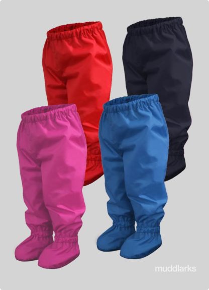 Product photos showing colour range of muddlarks® crawler pants - pink, green, red, blue, navy