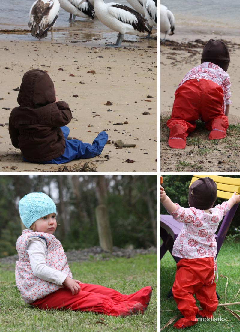 4 photos of children crawing and learning to walk in red and blue muddlarks® crawler pants