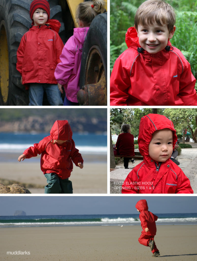 4 photos of muddlarks® lark jacket in action, boy on bike with black jacket, boy flying kite with blue jacket, boy fishing with red jacket and red pants