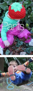 Girl plays in garden in pink muddlarks® waterproof pants, boy plays on swing in blue muddlarks® pants