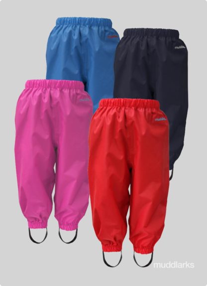 muddlarks® pants shown in black, green, blue, pink, red, navy
