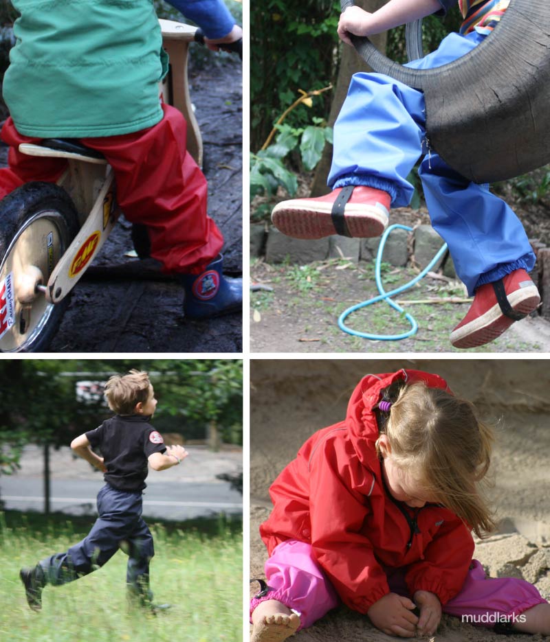 3 photos of children wearing muddlarks® pants, girl standing with black pants, boy on tyre swing with blue pants showing shoe straps, child riding a wooden bike in red pants on muddy forest track