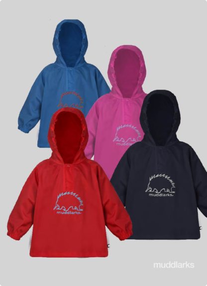 muddlarks® puggle jacket colour range showing Red, Green, Blue, navy and Pink rain jackets