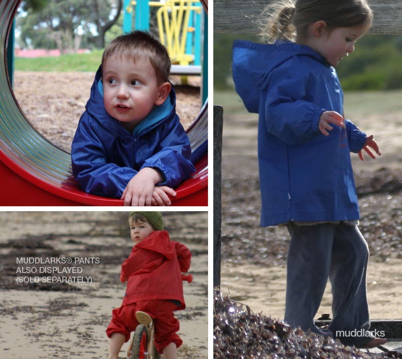 4 photos of children wearing muddlarks® puggle jacket, boy in playground tunnel wearing blue jacket, girl on swing wearing green jacket, girl on jetty wearing blue jacket and boy riding wooden bike on beach wearing red jacket and red pants