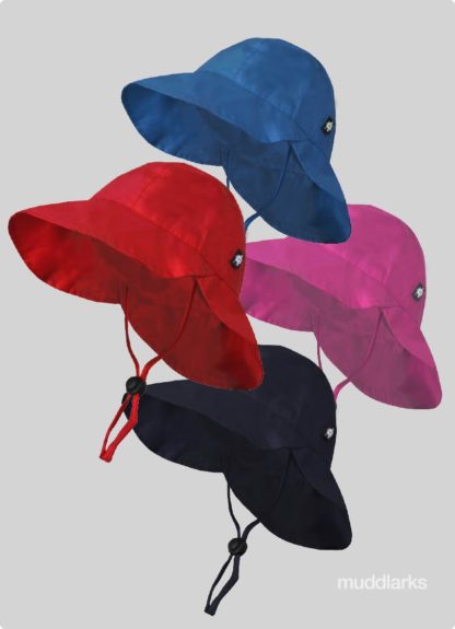 muddlarks® sou'wester rain hat colour range including blue, red, pink, green and navy hats