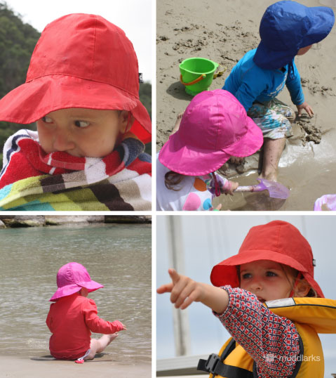4 photos of children wearing muddlarks® sou'wester hat as a sun hat at the beach and as a rain hat yachting