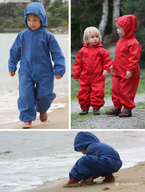 Children playing in muddlarks all in one one piece suits at the beach and in forest