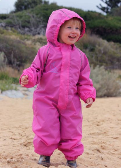 All-in-One one piece suit with hood, girl wearing pink version